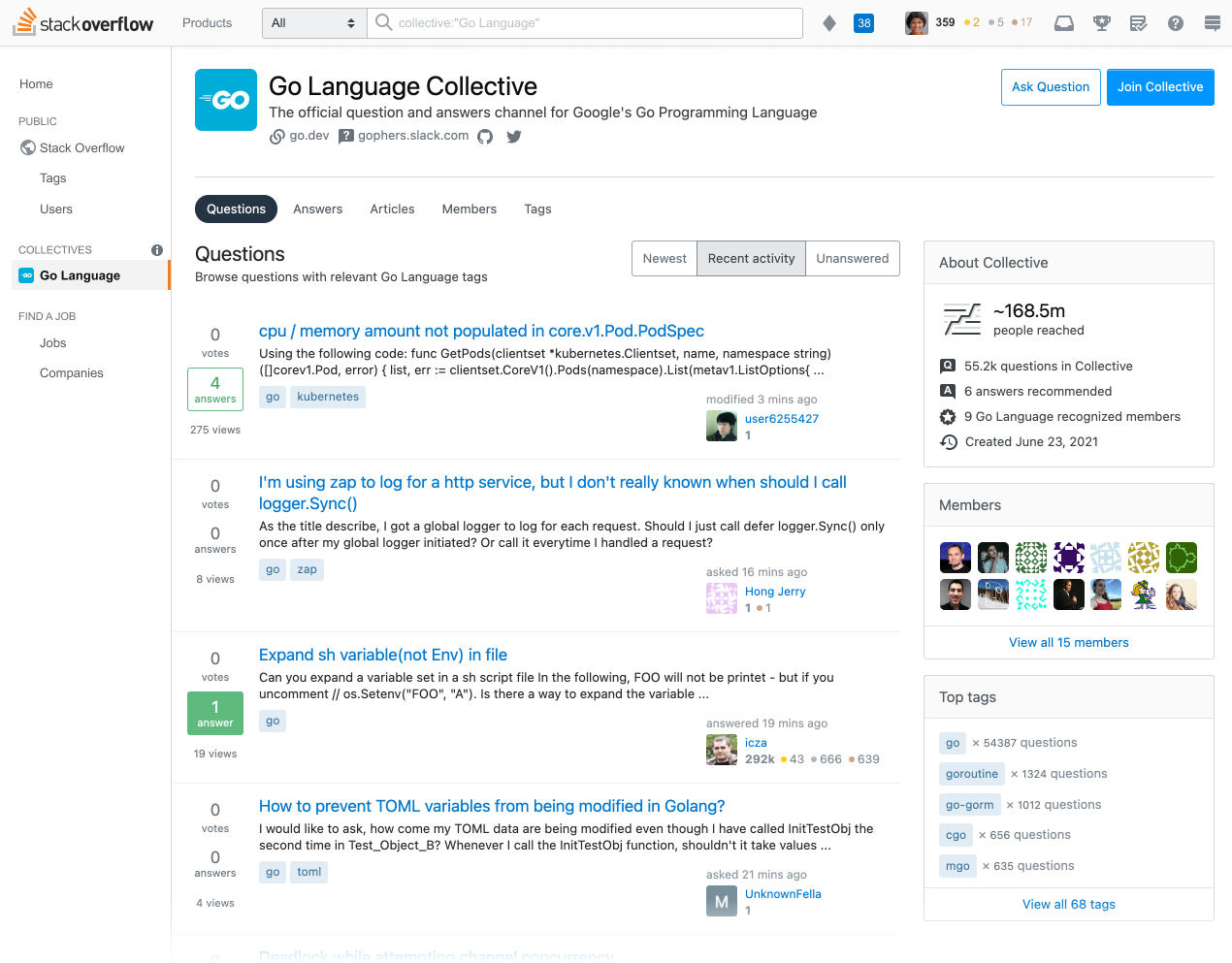 Go Collective on Stack Overflow web page