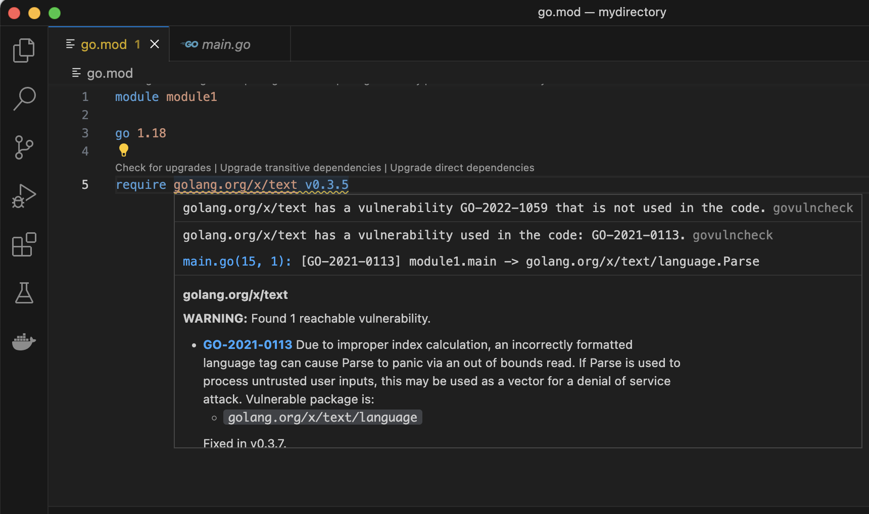 Hover over dependency for vulnerability information